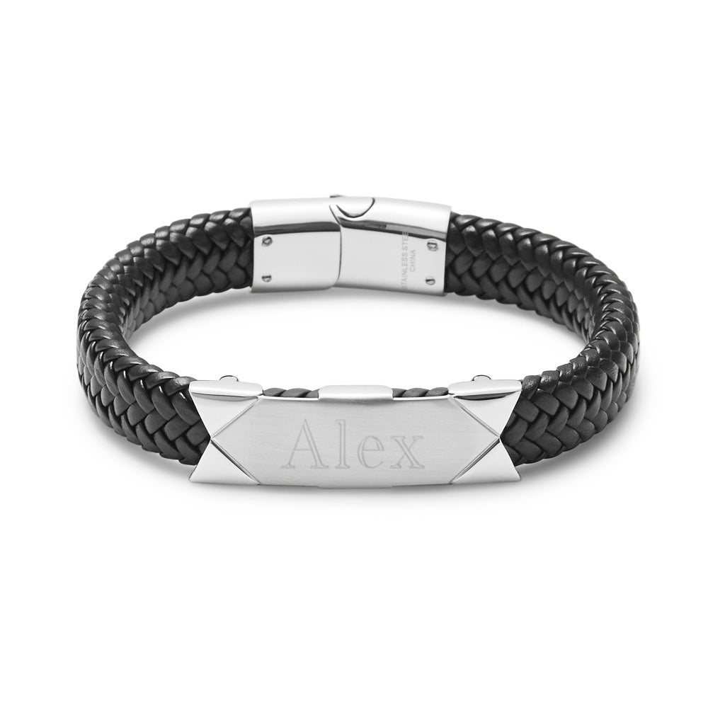EVES ADDICTION Engravable Mens Brown Woven Leather ID Bracelet